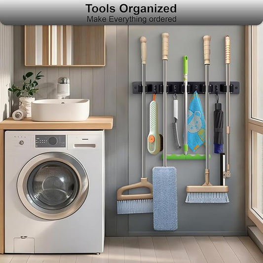 Broom Holder Wall Mount With 5 Slots & 4 Hooks，Rustic Wood Broom & Mop Hanger，Wall Mounted Garden & Garage Tool Storage Organizer Rack for Closet Laundry Room or Kitchen Wall Decor Black-NeatNest