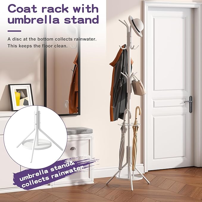 Coat Rack Freestanding Entryway Hanger Stand, Umbrella Holder, Hall Tree With 12 Hooks, Floor Standing Metal Tree Stand, White-NeatNest