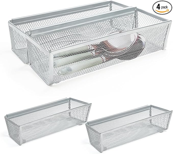 4PCS Drawer Organizer for Kitchen, Utensil Mesh Organizer With Interlocking Arm for Cosmetic, Flatware, Pen (9 * 3 * 2 Inches, Grey)-NeatNest