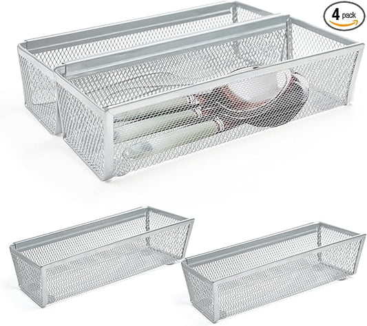 4PCS Drawer Organizer for Kitchen, Utensil Mesh Organizer With Interlocking Arm for Cosmetic, Flatware, Pen (9 * 3 * 2 Inches, Grey)-NeatNest