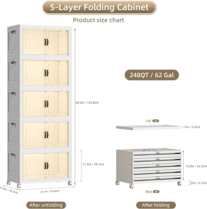 248 QT / 62 Gal Stackable Collapsible Storage Bins (1 Lid) with Magnetic Doors & Wheels - Plastic Cabinet Organizer for Home Office Closet, White Space-Saving Containers-NeatNest