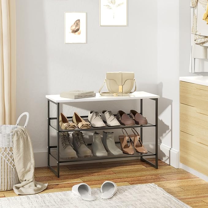 Garden 4 you 3 Tiers White Marble Shoe Rack,Freestanding Organizer Multi-Purpose Adjustable Flat and Slant Storage Rack Shoe Shelf, High Heels Potted Plant for Entryway Hallway Living Room Closet-NeatNest