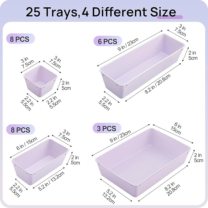Vtopmart 25 PCS Plastic Drawer Organizers Set, 4-Size Versatile Bathroom and Vanity Drawer Organizer Trays, Storage Bins for Makeup, Bedroom, Kitchen Gadgets Utensils and Office-NeatNest
