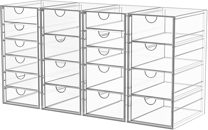 Acrylic Makeup Organizer with 19 Drawers, 4 Pack Clear Storage Drawers, Bathroom Makeup Organizer for Palettes, Cosmetic, and Beauty Supplies,Ideal for Vanity, Cabinet,Desk Organization-NeatNest
