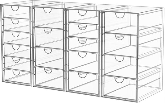 Acrylic Makeup Organizer with 19 Drawers, 4 Pack Clear Storage Drawers, Bathroom Makeup Organizer for Palettes, Cosmetic, and Beauty Supplies,Ideal for Vanity, Cabinet,Desk Organization-NeatNest