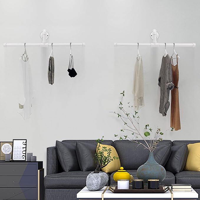Industrial Pipe Clothes Rack Floating DIY Wall Mounted, Heavy Duty Rustic Vintage Clothing Rod, Metal Garment Bar Space-Saving Hanging for Bedroom, Bathroom and Laundry Room (White)-NeatNest