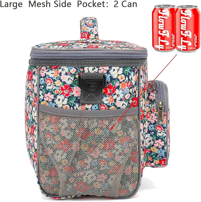 FlowFly Insulated Reusable Lunch Bag Adult Large Lunch Box for Women and Men with Adjustable Shoulder Strap,Front Zipper Pocket and Dual Large Mesh Side Pockets,Floral-NeatNest
