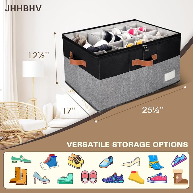 1 Pack Shoe Organizer for Closet, Adjustable Shoe Box Storage Containers, Large Foldable Shoe Bins with Clear Cover, Space Saving Shoes Holder with 4 Handles, Fits 12-24 Pairs, Black-NeatNest