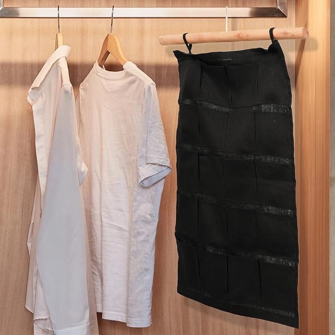100% Linen Hanging Storage Bag with 20 Pockets, Wall Hang Over The Door Closet Organizer for Socks Underpants, Black