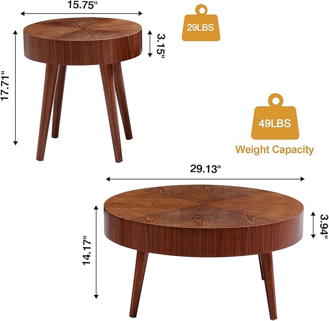 Farmhouse Round Coffee Table Set of 2, Rustic Sofa Side End Tables w/Wood Finish, Nesting End Table Set for Living Room, Bedroom (Walnut)