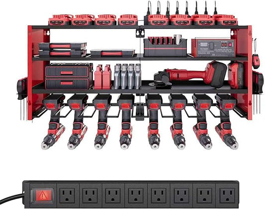 4 Layers Power Tool Organizer Wall Mount with Power Strip, Heavy Duty Metal Shelf, 400lbs Capacity for Cordless Drills, Batteries & Garage Storage (8 Slots with 8 Outlets Power Strip)