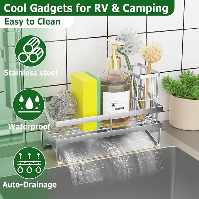 Kitchen Sink Caddy Organzier and Storage Sponge Holder for Sink with High Brush Holder, Rustproof 304 Stainless Kitchen Gadgets Dish Sponge Organizer (Lacquer Silver)-NeatNest