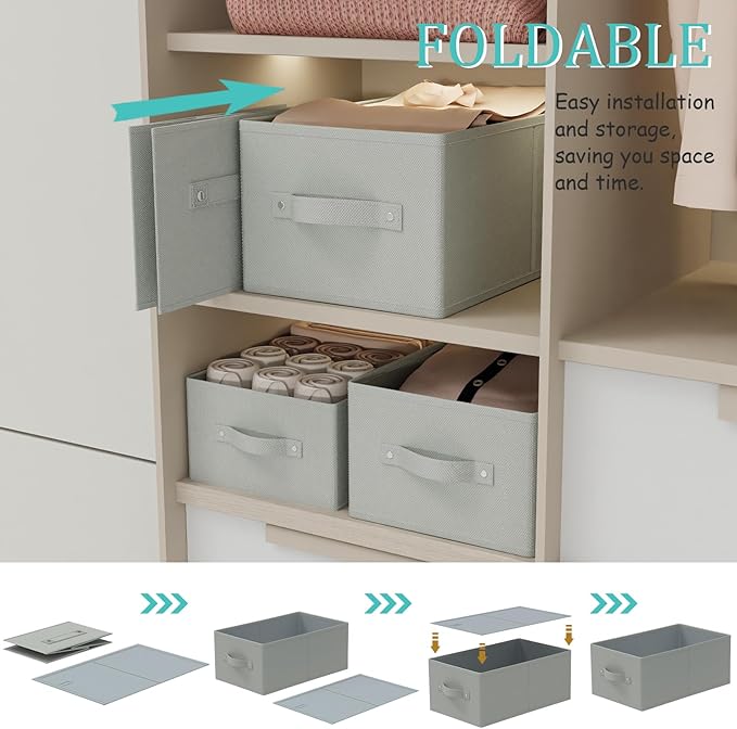 Fabric Storage Boxes for Shelves, 3 Pack Foldable Cloth Bins, Closet Organizers System with 2 Handles, Durable and Sturdy, Saving Space, Grey, 16.1 x 9.8 x 6.5 In, XSNY11GM-3-NeatNest