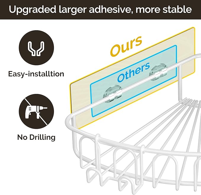 Orimade Corner Shower Caddy with 2 Hooks Wall Mounted Metal Bathroom Shelf Storage Organizer Adhesive No Drilling 2 Pack, White Only for 90-Degree Corner