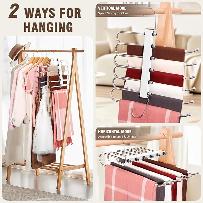4 Pack 6-Tier Space Saving White Pant Hangers, Anti-Slip, Lightweight, Stainless Steel, Ideal for Closet Organization, Free Installation-NeatNest
