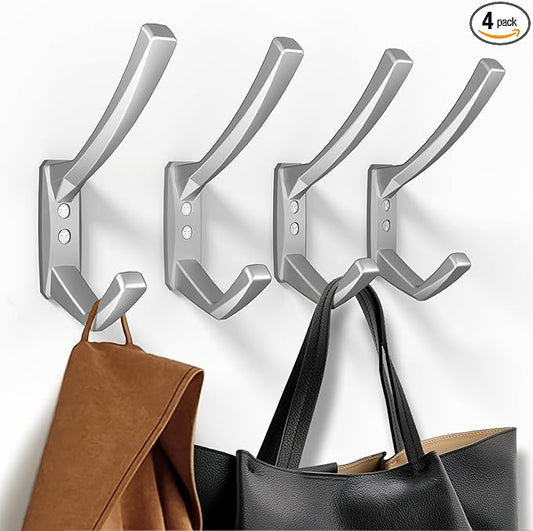 Heavy Duty Wall Hooks, 5.7 Inch Large Coat Hooks, 6 Packs Towel Hooks for Hanging in Bathroom, Bedroom, Entryway, Kitchen, etc (Silver, 4 Pack)