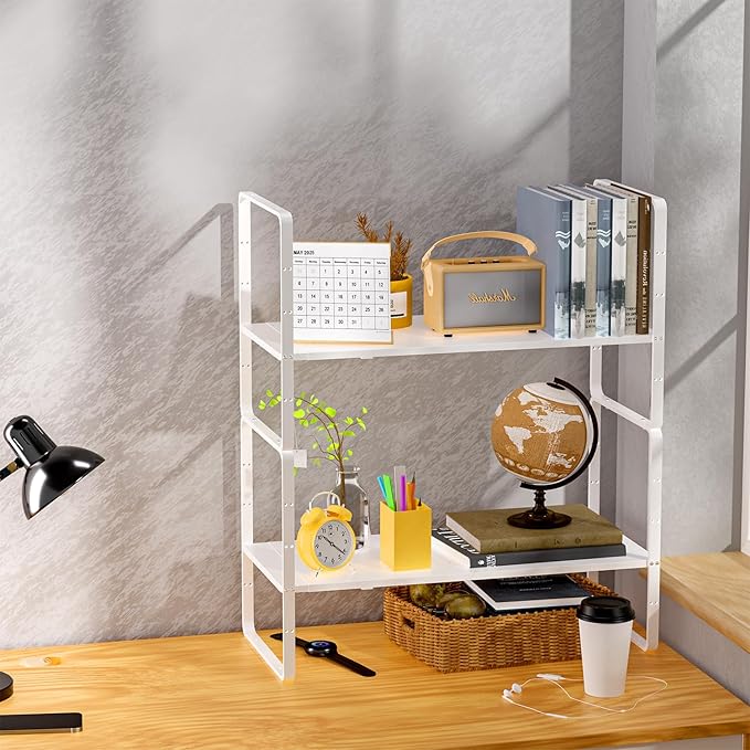 Expandable Kitchen Cabinet Shelf Organizers 2 Pack, Stackable Metal Pantry Storage Shelves Rack, Adjustable Counter Shelf for Cabinets, Countertop, Cupboard Organizers and Storage, White-NeatNest