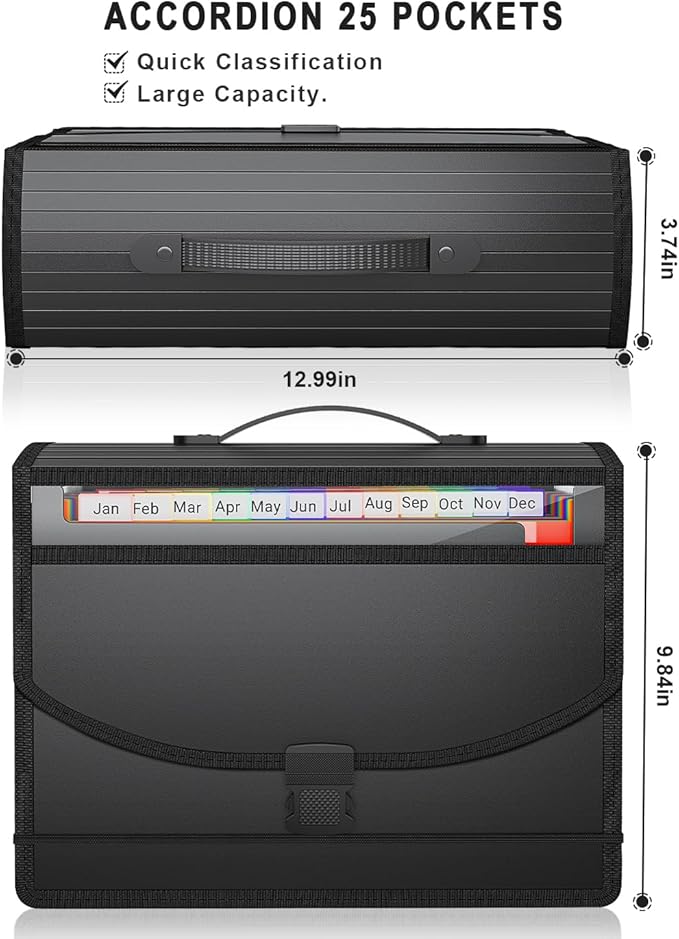25 Pockets Accordion File Organizer with Handle,Expanding File Folder for Paper/Document/Bill,Portable Filing Box,Visible Window,Quick Search,Expandable Bottom,Large Capacity,A4/Letter Size