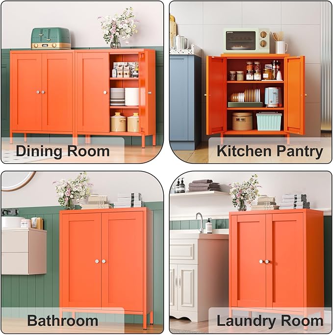 Coffee Bar Cabinet, Metal Sideboard Buffet Cabinet,Metal Storage Cabinet with 2 Doors and Adjustable Shelves for Kitchen Dining Room Living Room, Entryway,Office (Orange, 31.5" H)-NeatNest