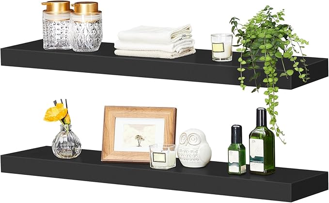 HOOBRO Floating Shelves for Wall, Wall Mounted Shelf Set of 2, 31.5" Hanging Shelf with Invisible Brackets, for Wall in Bathroom, Bedroom, Toilet, Kitchen, Living Room, Office, Black BK80BJP201-NeatNest