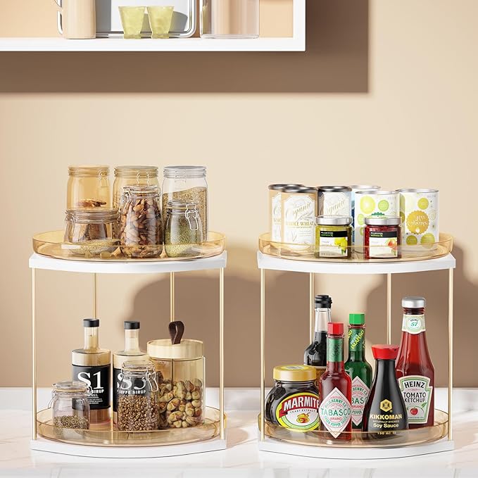 2 Pack 2-Tier Lazy Susan Turntable Organizer – 9.05” Rotating Spice Rack Organizer for Cabinet, Pantry, Tabletop & Counter – Clear Acrylic Lazy Susan for Kitchen, Bathroom & Vanity