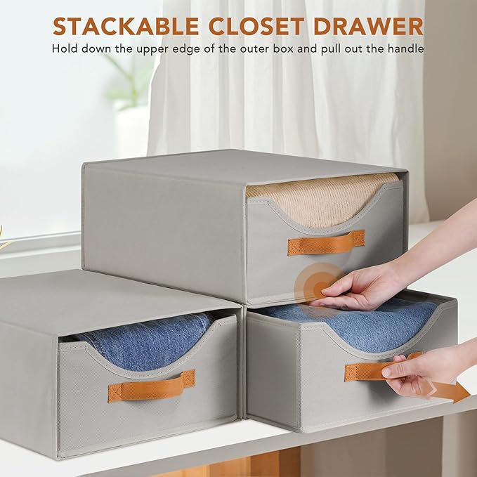 6 Pcs Closet Drawers and Large Size Clothes Storage Bins Push-Out Storage Stackable Shelf Drawers with See-Through Window Closet Organizers for Bedroom, Living Room, Under Bed, Grey-NeatNest