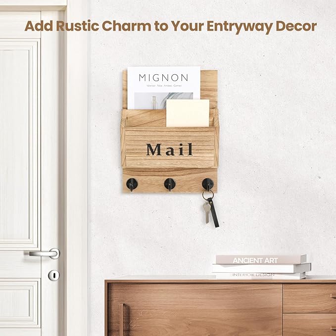 Mail and Key Holder - Decorative 9.8" x 12.5" Wall Key Hanger with 2 Mail Organizer Slots and 3 Hooks - Real Paulownia Wood with Keyhole Brackets, Hardware and Instructions (Wood)