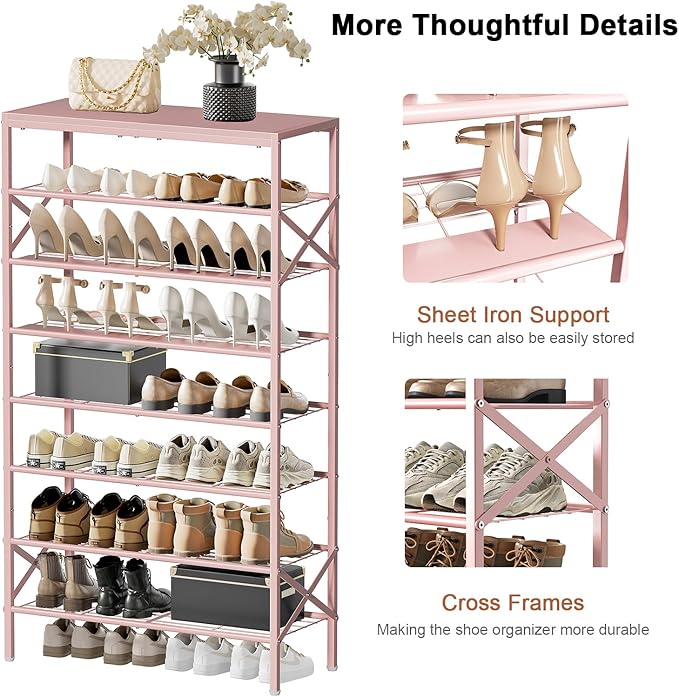 8-Tier Tall Shoe Rack Organizer Shoe Storage for Entryway 24-32 Pairs Metal Shoe Rack for Closet Heavy-Duty Shoe Rack with Wooden Top Shelf for Garage Pink-NeatNest