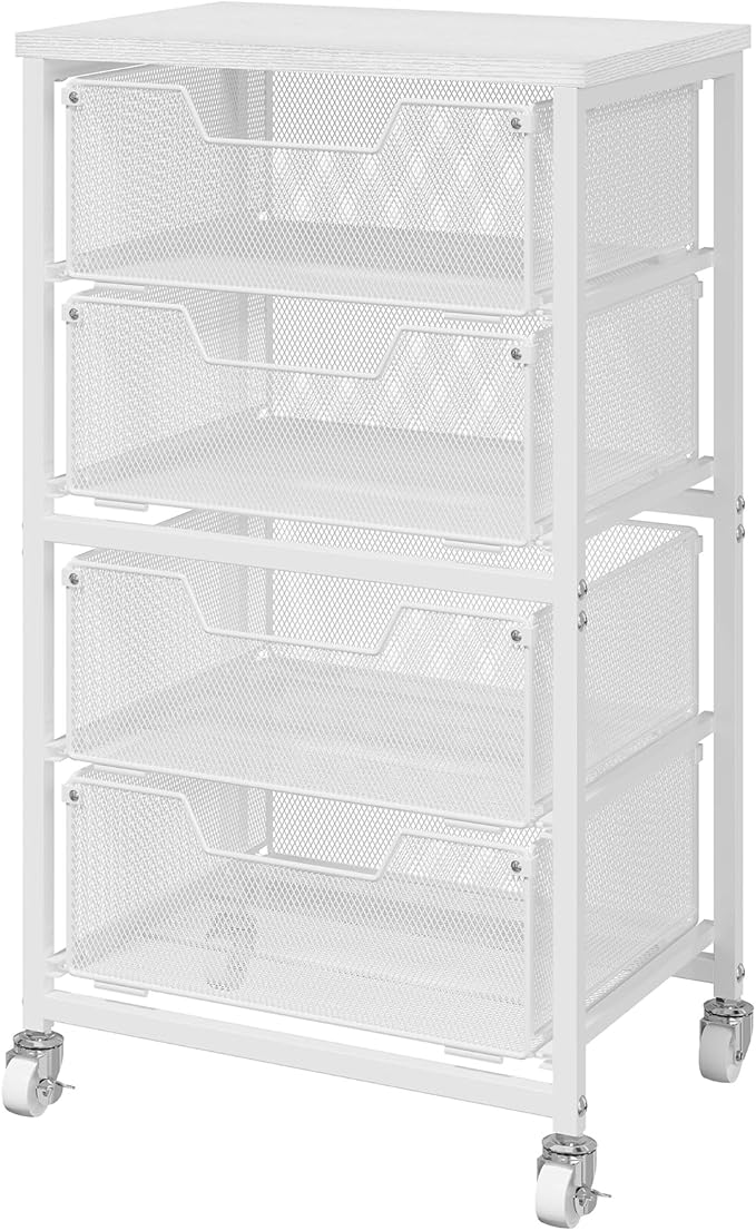 4-Drawer Rolling Storage Cart, Utility Cart with Drawers, White Metal Craft Cart Organizer with Wheels & Wooden Top, Art Supply Storage Organizer for Classroom, Office, Kitchen