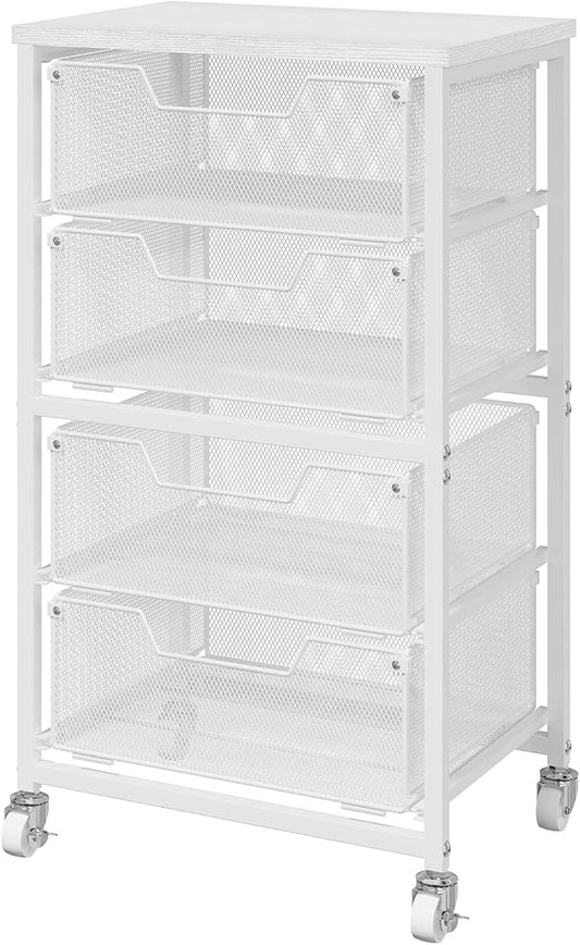 4-Drawer Rolling Storage Cart, Utility Cart with Drawers, White Metal Craft Cart Organizer with Wheels & Wooden Top, Art Supply Storage Organizer for Classroom, Office, Kitchen