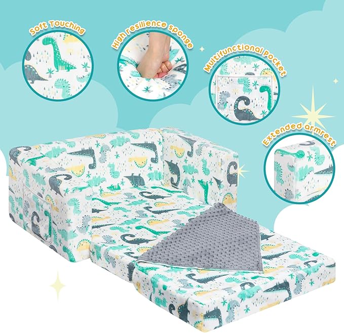 ALIMORDEN Fold Out Toddler Couch, Extra Wide Comfy 2-in-1 Cuddly Sherpa Sofa for Kids, with Removable Baby Friendly Blanket, Convertible Sofa to Bed, Dinosaur-NeatNest