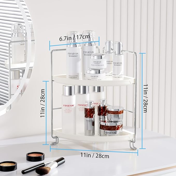 FSyueyun 2-Tier Corner Bathroom Counter Organizer, Tool-Less Installation Vanity Shelf Small Plastics Countertop Makeup Tray Skincare Perfume Organizers (Silver)-NeatNest
