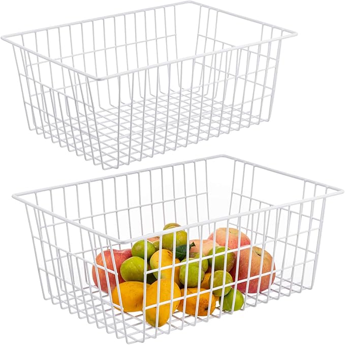 iPEGTOP Wire Storage Freezer Baskets, Set of 2 13.4" Household Organizer Storage Bins Fridge Basket Rack with Handles for Kitchen Cabinets, Pantry, Office, Bathroom Organization - White