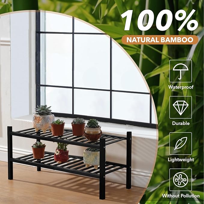 2 Tier Bamboo Shoe Rack Storage Organizer for Closet, Multifunctional Stackable Free Standing Shoe Shelf Organizer for Small Space,Entryway,Hallway,Bathroom 27"x11"x13" (Black, 2 Tier)-NeatNest