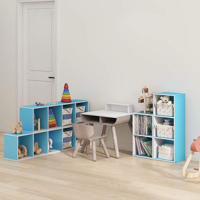 Furinno Luder Bookcase / Book / Storage, 4-Tier Cube, Light Blue/White-NeatNest