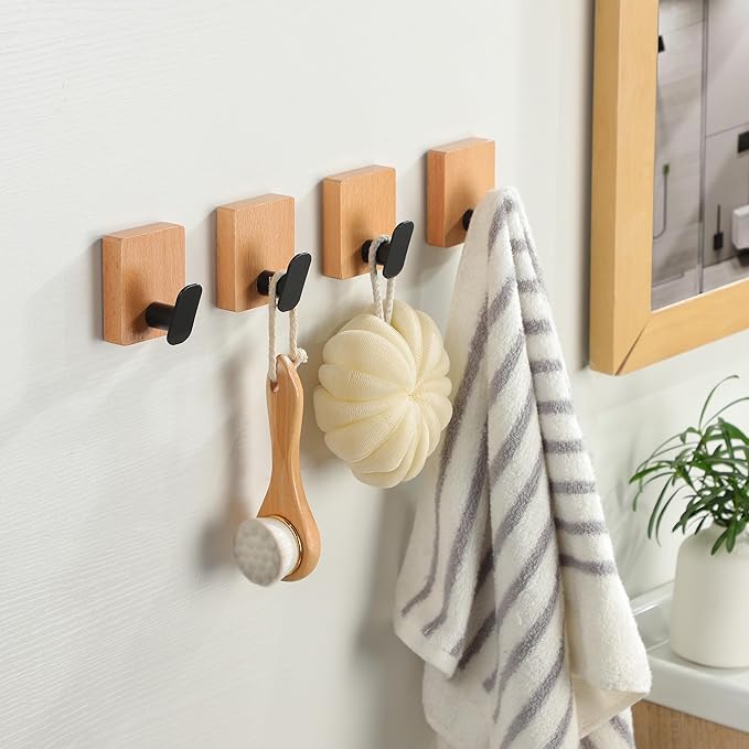 DELITON Towel Hooks Wall Mounted - Adhesive Bathroom Coat Hooks for Hanging Robes Clothes Light Brown, Black Solid Wood Beech Wall Hook 4 Packs-NeatNest