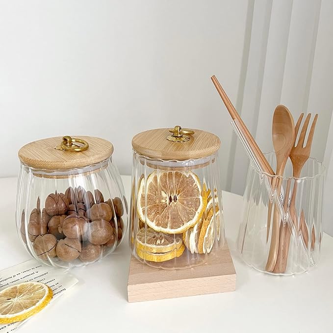 38 FL OZ Glass Jars with Bamboo Lids, Glass Containers with Airtight Lids for Storage, Large Candy Jars for Coffee Nuts Cookie, Decorative Glass Canister, 1130ml Oval & Conical