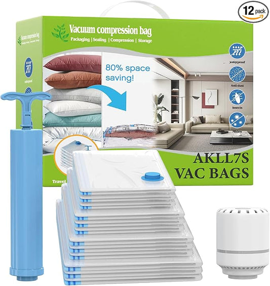 AKLL7S Vacuum Storage Bags with Electric Pump, 12 Pack Space Saver Bags(3 Jumbo/3 Large/3 Medium/3 Small) Vacuum Seal Bags for Clothing, Comforters, Blankets, Travel(Hand Pump Included)-NeatNest