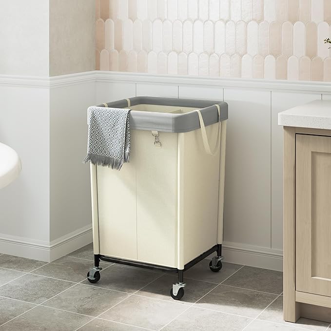 WOWLIVE 160L Rolling Laundry Hamper with Wheels, Heavy Duty Laundry Basket, Large Laundry Cart with Steel Frame and Removable Bag, Dirty Clothes Hamper for Home, Closet, Dorm, Bathroom, Beige