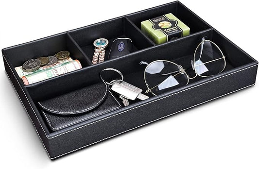 GORESE Faux Leather Valet Tray for Men, Stackable Jewelry Trays Drawer Organizer Tray Nightstand Organizer for Men, EDC Tray for Key, Wallet, Sunglass, Watch, Coin, Phone, Cologne - Black-NeatNest