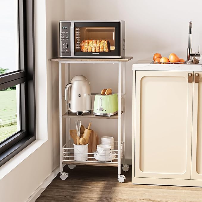 Microwave Cart with Storage, 3-Tier Rolling Kitchen Stand with Basket, Wood and Metal Utility Cart on Wheels, Coffee Bar Station, Small Baker’s Rack As Kitchen Island, Microwave Shelf Organizer, White