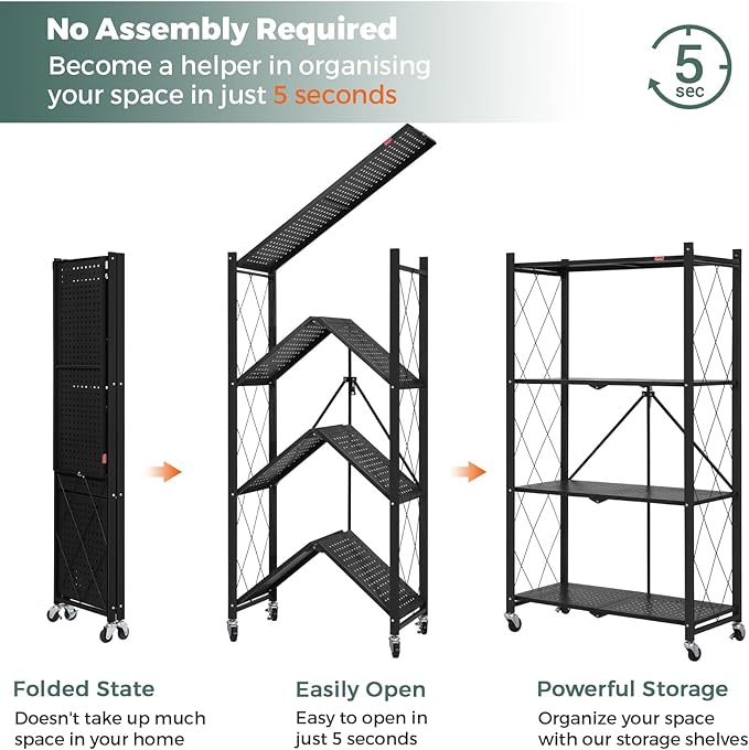 DEANIC 4 Tier Foldable Storage Shelves with Wheels, Large Capacity Shelving Unit, Freestanding Metal Wire Shelf Rack, No Assembly Organizer Rack for Garage Kitchen, Basement, Pantry(Black Pack of 2)-NeatNest