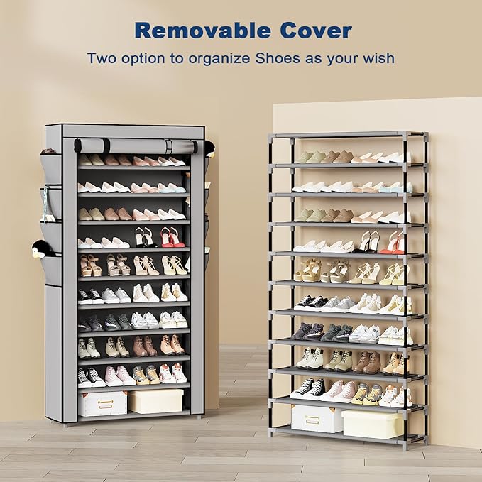 Mavivegue Shoe Rack with Cover, 10 Tier Tall Shoe Storage for 50-55 Pairs of Shoes, Shoe Organizer for Entryway, Closet, Garage, Grey-NeatNest