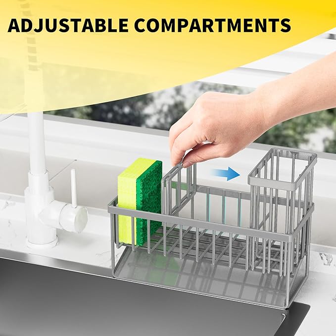 Cisily Sink Caddy Organzier with High Brush Holder, Sponge Holder for Sink, 304 Rustproof Stainless, Kitchen Countertop Soap Dispenser Organizer, Gray Kitchen Decor and Accessories-NeatNest