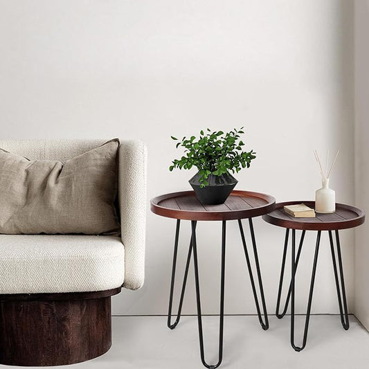 Oakrain Walnut Nesting Tables, Set of 2 - Small Round Farmhouse End Tables, Coffee Table, Hallyway