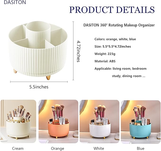 DASITON Large Capacity Makeup Brush Holder,360° Rotating Makeup Organizer,5 Slot Makeup Brushes Cup,for Vanity Decor,Bathroom Countertops,Desk Storage Container,Cosmetic Display cases(White)-NeatNest