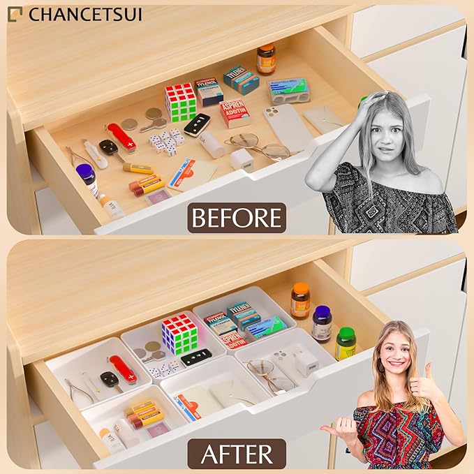 CHANCETSUI White Stackable Drawer Organizer Trays: Square Plastic Drawer Dividers for Small Items and Shallow Space, Vanity, Junk Organization-NeatNest