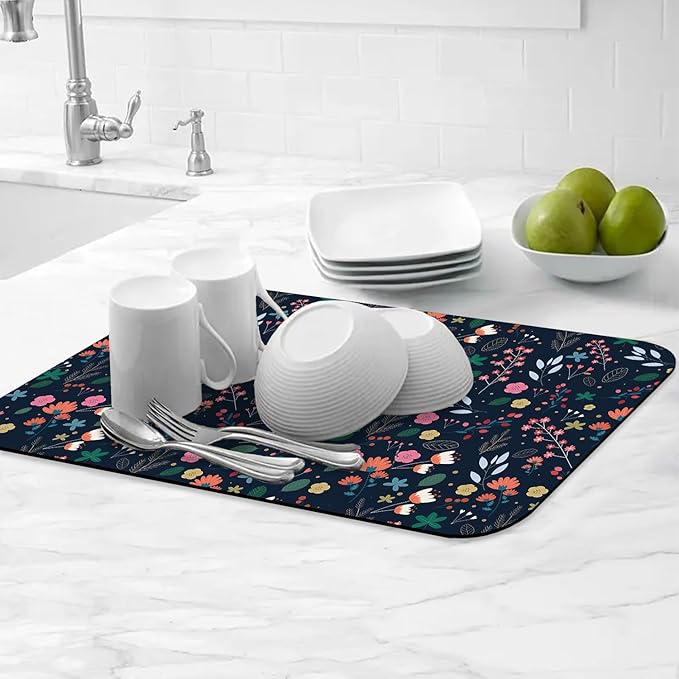 Cute Flower Dish Drying Mats Super Absorbent Dish Drainer Rack Pad Non-Slip Drying Mat for Kitchen Counter, 20"x12"-NeatNest