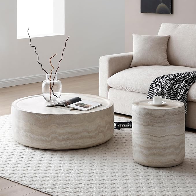 Faux Marble Coffee Table, Modern Round Coffee Table for Living Room, Circle Drum Coffee Side Tables, Fiberglass Center End Table for Small Place Apartment Office (15.74" Marble)