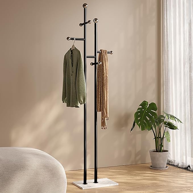 Coat Rack Freestanding with Marble Base Sturdy Coat Tree Heavy Duty Clothes Rack for Entryway Bedroom Living Room Hotel 14.96 x 10.24 x 68.9 Inches (Black)-NeatNest